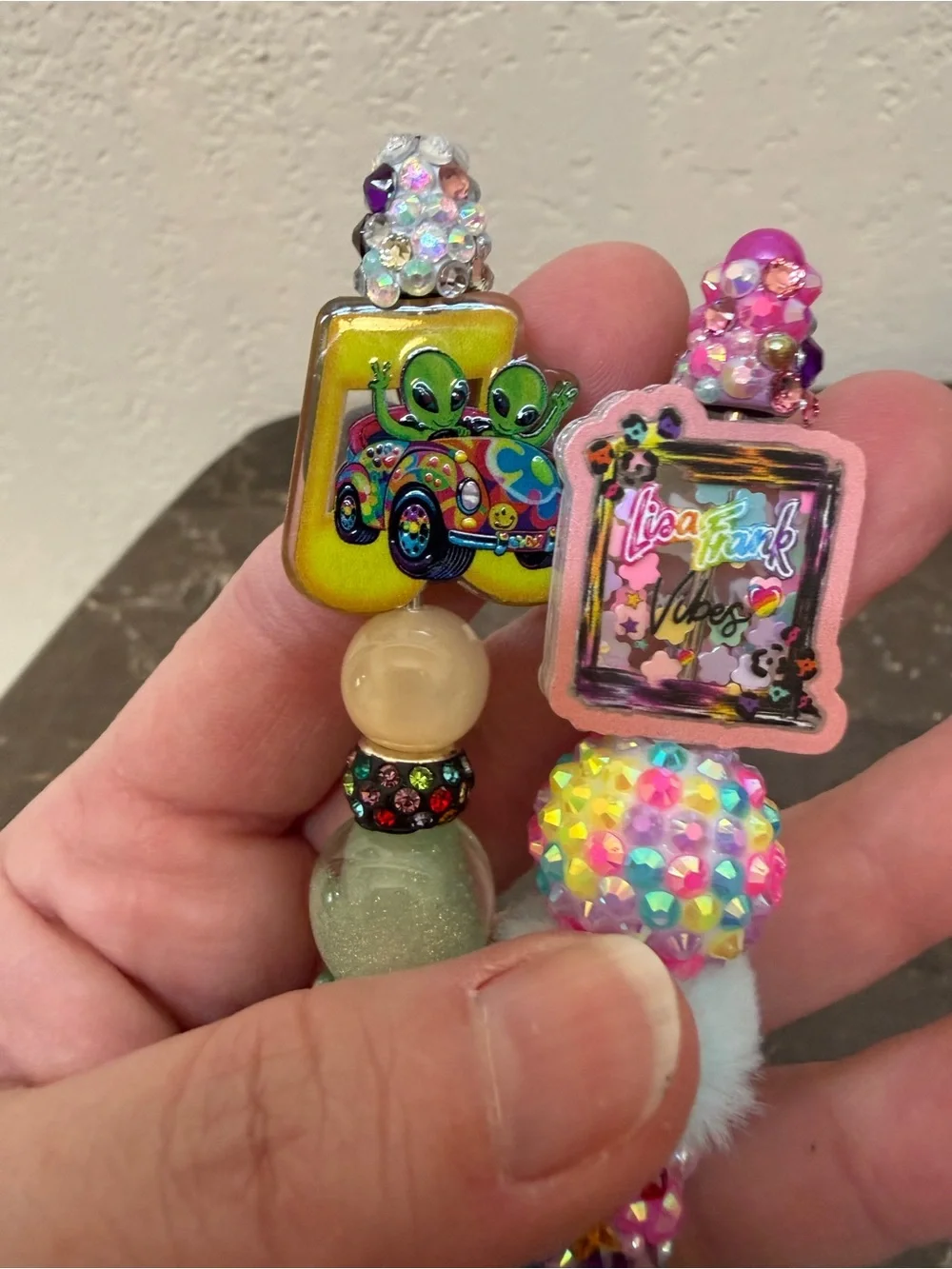 Lisa Frank Aliens Colorful Rhinestone Beaded Pen Set Handmade